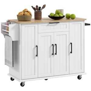 White Rubberwood 43.25 in. Kitchen Island with Inner Adjustable Shelves