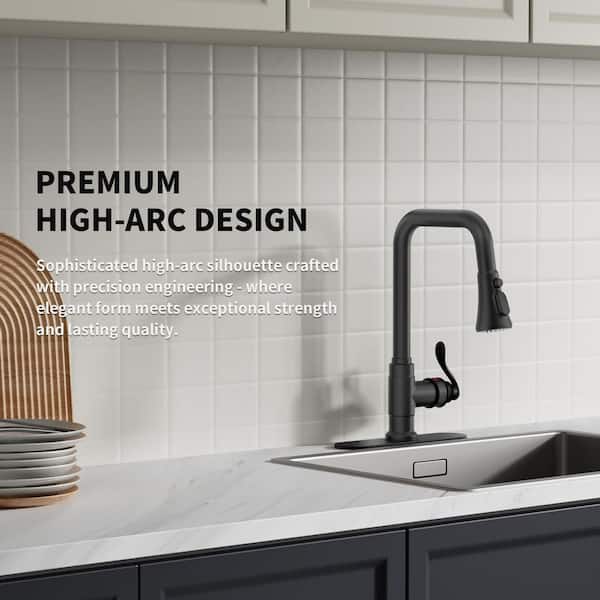 Single-Handle Pull-Down Sprayer Coil Spring High-Arc Kitchen Faucet with Deckplate Sink Faucet in Matte Black