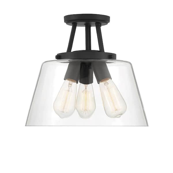 Savoy House Calhoun 13 in. W x 11.5 in. H 3-Light Matte Black Semi-Flush Mount Ceiling Light with Clear Glass Shade