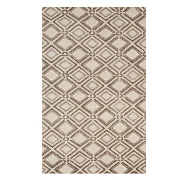 EORC Beige 5 ft. x 8 ft. Handmade Wool Contemporary Geometric Raga Area Rug