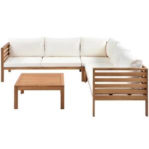 Outdoor 2-Piece Wood Patio Conversation Sectional Seating Set with Beige Cushions, 1 Corner Sofa and 1 Coffee Table