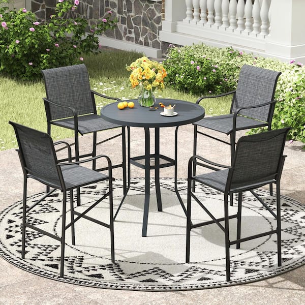 5-Piece Dark Gray Metal Round Outdoor Bistroor Set with Gray Chair for Lawn Garden