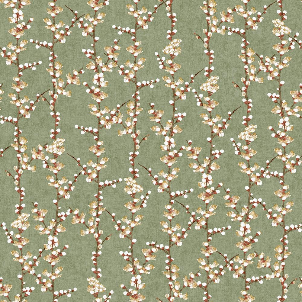 Spring Blossom Collection Sakura Row Floral Tree Stem Green Matte Finish No
