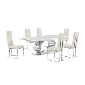 Ibraim 7-Piece Rectangle White Marble Top Stainless Steel Base Dining Set With 6 Cream Velvet Chrome Iron Chairs