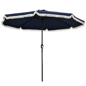 9 ft. Steel Ruffled Market Patio Umbrella in Dark Blue with Push Button Tilt, Crank, Tassles and 8-Ribs