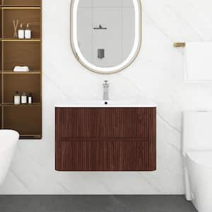 30 in. W Single Sink Wall-Mounted Bath Vanity in Deep Walnut with White Ceramic Top