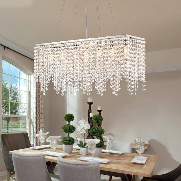 Pacific Core Modern 7-Light Chrome Rectangular Crystal Chandelier with Linear Raindrop Pendant Design for Dining Room Kitchen Island