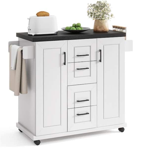 White Rolling Island Kitchen Cart on Wheels Mobile Serving Utility Trolley Cart