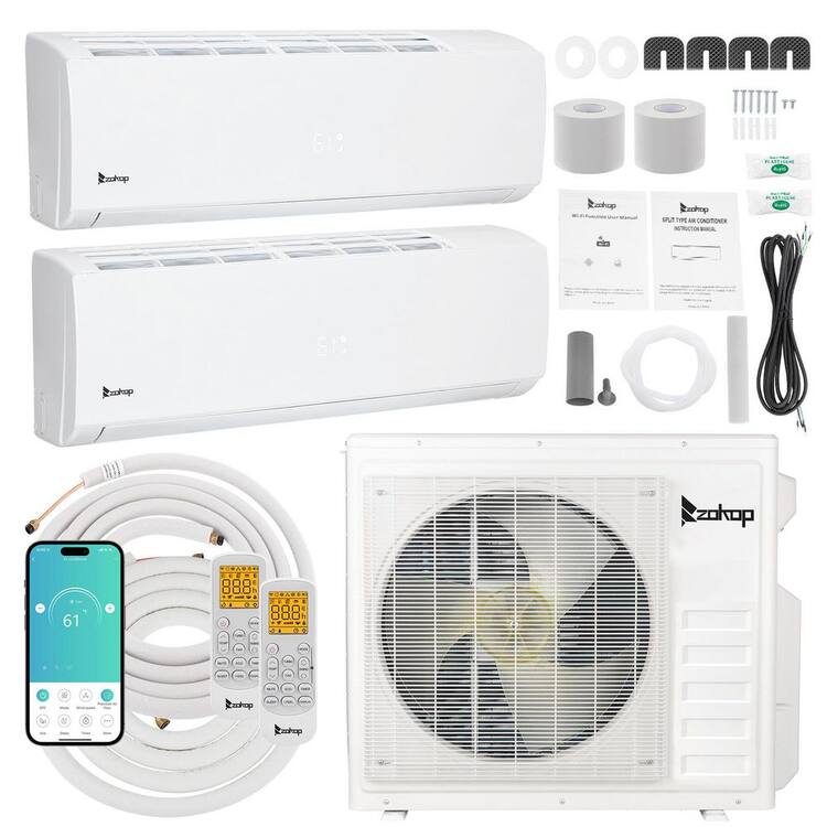 Karl home 20 SEER2 28,000 BTU 2.25-Ton 2-Zone WiFi Ductless Mini Split Air Conditioner with Heat Pump 9K Plus 18K