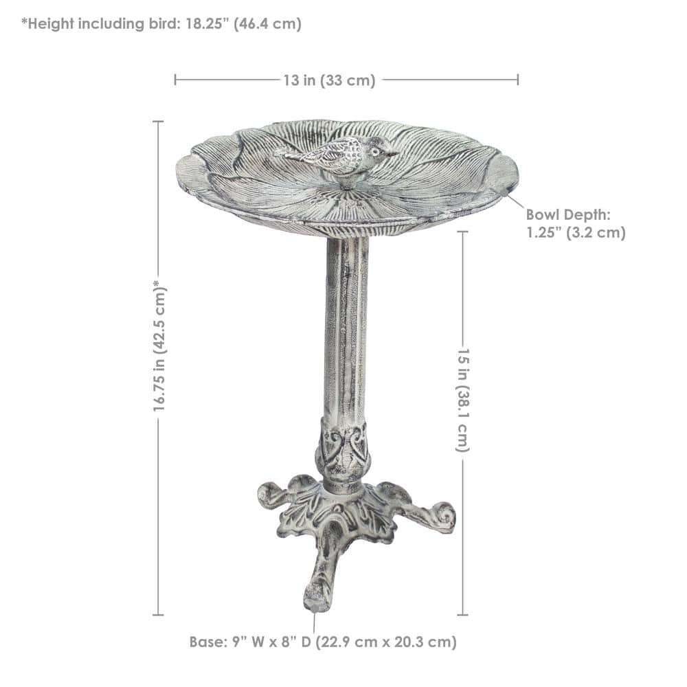 Antique Gray Cast Aluminum Bird Bath with Blossom Motif