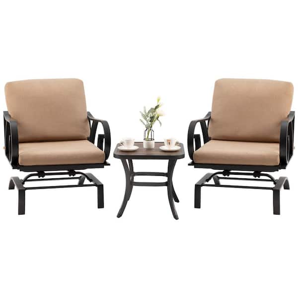 FORCLOVER Black 3-Piece Metal Patio Conversation Set with Beige Cushions and a Side Table