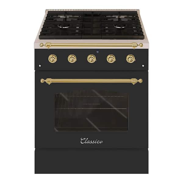 Hallman CLASSICO 30"4.2 CuFt 4 Burner Freestanding Dual Fuel Range Gas Stove and Electric Oven, Matte Graphite with Brass Trim