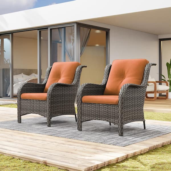 Ergonomic Arm 2-Piece Patio Wicker Outdoor Lounge Chair with Orange Cushions