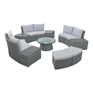 10-Piece Wicker Outdoor Sectional Half Round Conversation Couch Set with Light Gray CushionGuard for Free Combination