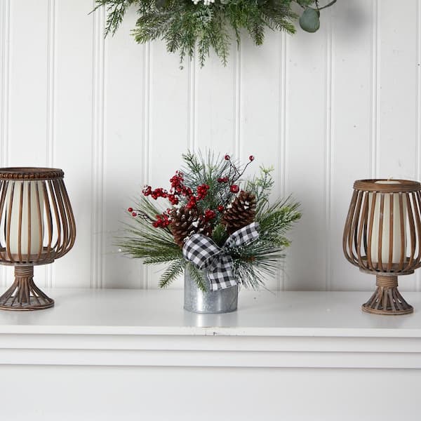 12 in. Unlit Frosted Pinecones and Berries Artificial Arrangement in Vase with Decorative Plaid Bow