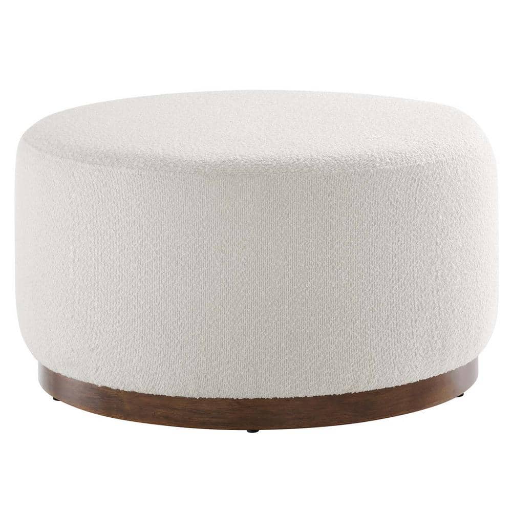 Tilden 29" Round White Boucle Ottoman with Walnut Base