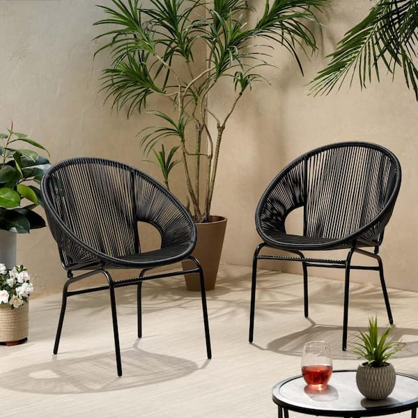 Unbranded Black Outdoor Dining Chairs Lounge Chairs Stacking Bistro Chairs with Woven Rope Design for Patio or Restaurant,Set of 2