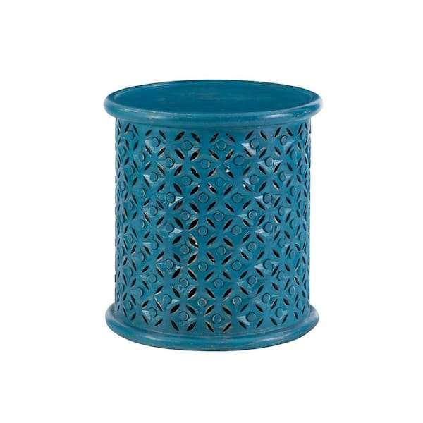 Powell Company Elia 17 in. Blue 18 in. H Round Mango Wood Side Table with Hand-Carved Silhouette