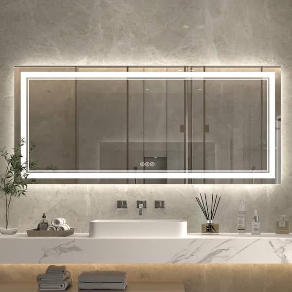 72 in. W x 32 in. H Oversized Rectangular Frameless Anti-Fog Wall Bathroom Vanity Mirror in Silver