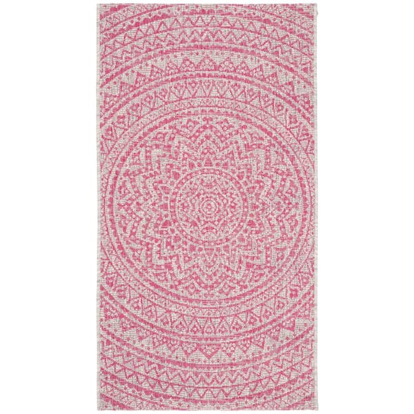 SAFAVIEH Courtyard Light Gray/Fuchsia Doormat 3 ft. x 5 ft. Border Indoor/Outdoor Patio Area Rug