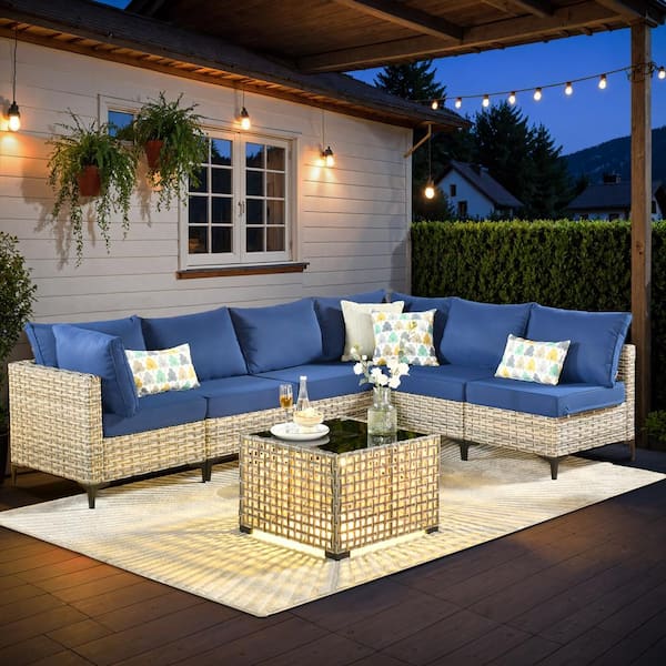 HOOOWOOO Holston 7-Piece Wicker Modern Outdoor Patio Conversation Sofa Sectional Set with a LED Table and Navy-Blue Cushions