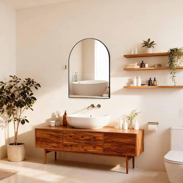 Black 30 in. W x 36 in. H Small Arch Framed Decorative Wall Mount Bathroom Vanity Mirror