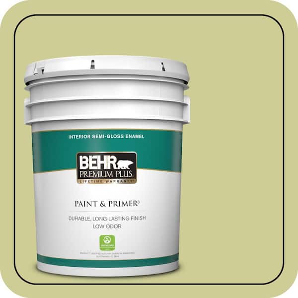 BEHR PREMIUM PLUS 5 gal. #400D-4 Corn Husk Green Semi-Gloss Enamel Low Odor Interior Paint & Primer
