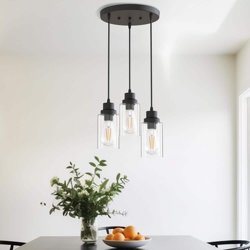 Modern Black Metal 3-Light Pendant with Clear Glass Shades