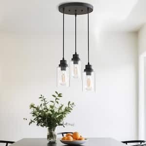 3-Light Black Chandelier Industrial Pendant Light Fixture with Clear Glass Shades for Kitchen and Dining Areas