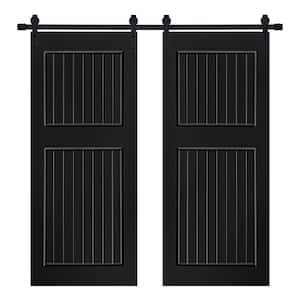 Modern 2-Panel Designed 48 in. x 80 in. MDF Panel Black Painted Double Sliding Barn Door with Hardware Kit