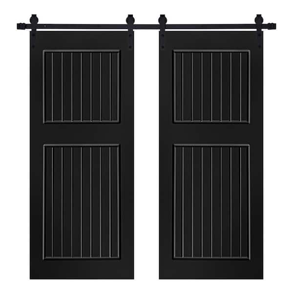 AIOPOP HOME Modern 2-Panel Designed 72 in. x 96 in. MDF Panel Black Painted Double Sliding Barn Door with Hardware Kit