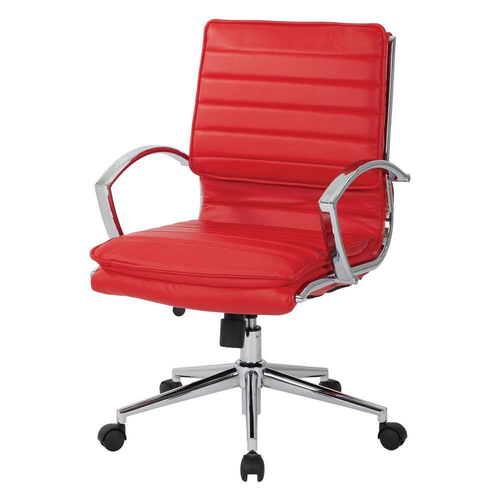 Executive Mid-Back Swivel Chair in Red Leather with Chrome Base