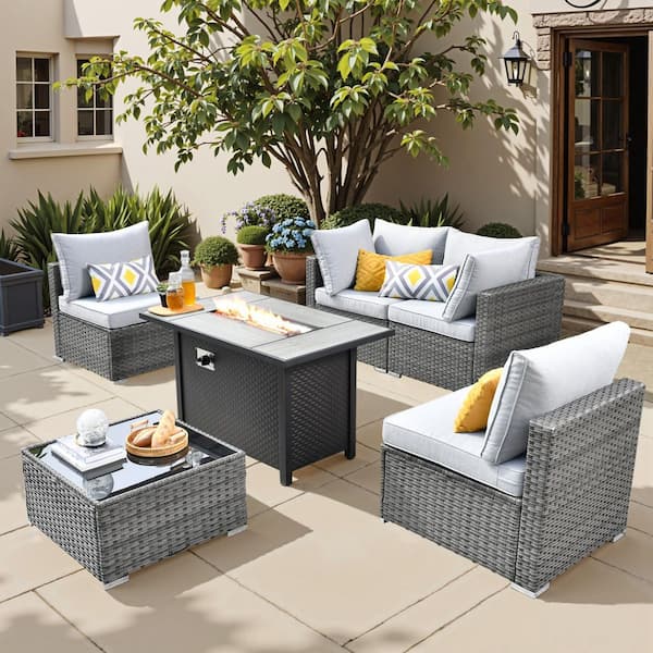Sanibel Gray 6-Piece Wicker Outdoor Patio Conversation Sofa Sectional Set with a Metal Fire Pit and Light Gray Cushions