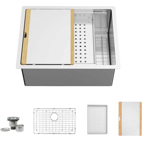 Unbranded 24 in. L Undermount Single Bowl 16 Gauge Stainless Steel Kitchen Sink with Bamboo Cutting Board and Drain Tray