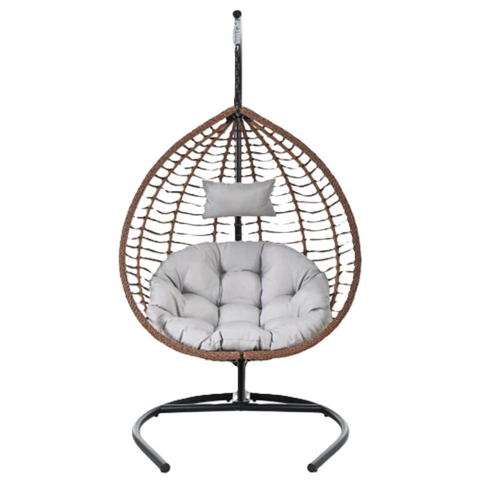 Hanging Hammock Chair with Stand Foldable Rattan Egg Swing Chair Iron Frame Soft Cushion and Headrest, Gray Cushion