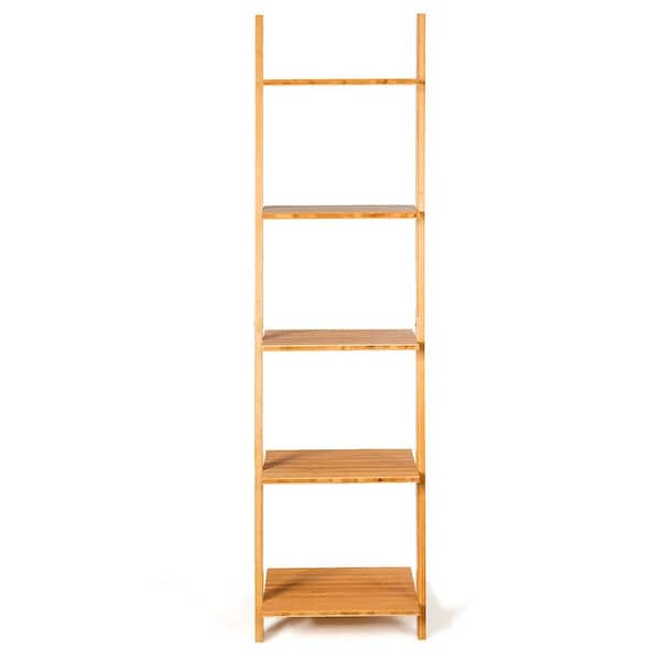 Costway 65 in. H Natural 5-Shelf Bamboo Bookshelf Ladder Bookcase Open Display
