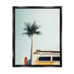 Surf Bus Yellow With Palm Tree Photography by Design Fabrikken Floater Frame Travel Wall Art Print 21 in. x 17 in.