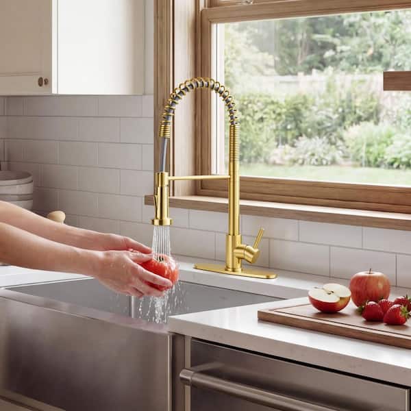 Akicon Brushed Gold 17.19 in. H Pre-Rinse Spring Single-Handle Pull-Out Sprayer Kitchen Faucet with 360° Spout Swivel