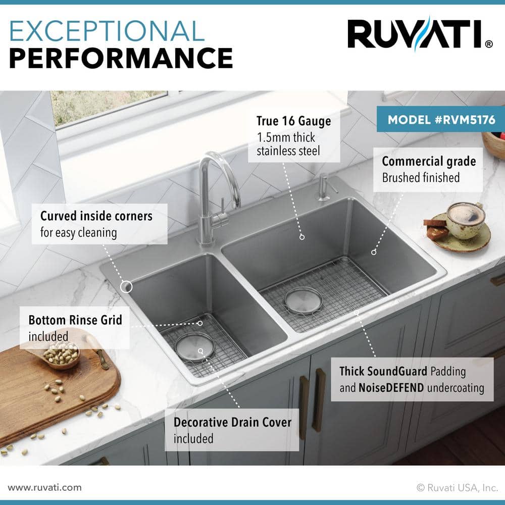 Ruvati 37" Stainless Steel Drop-In Double Bowl Kitchen Sink
