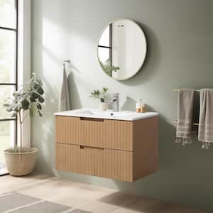 18.25 in. W x 29.75 in. D x 19.25 in. H-1 Sink Wall Mounted Bath Vanity in Brown with White Ceramic Top and 2-Drawers