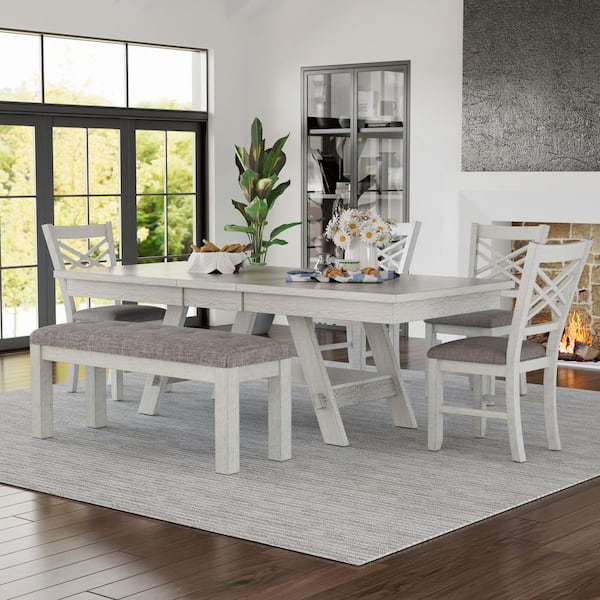 Rustic Farmhouse 6-Piece Dining Set - Extendable Table with Cross-Back Chairs and Padded Bench for Modern Homes