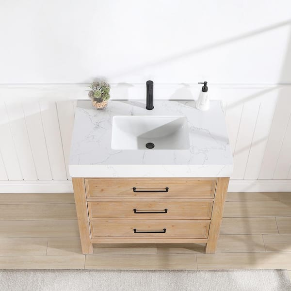 León 36 in.W x 22 in.D x 34 in.H Single Sink Bath Vanity in Fir Wood Brown with White Composite Stone Top