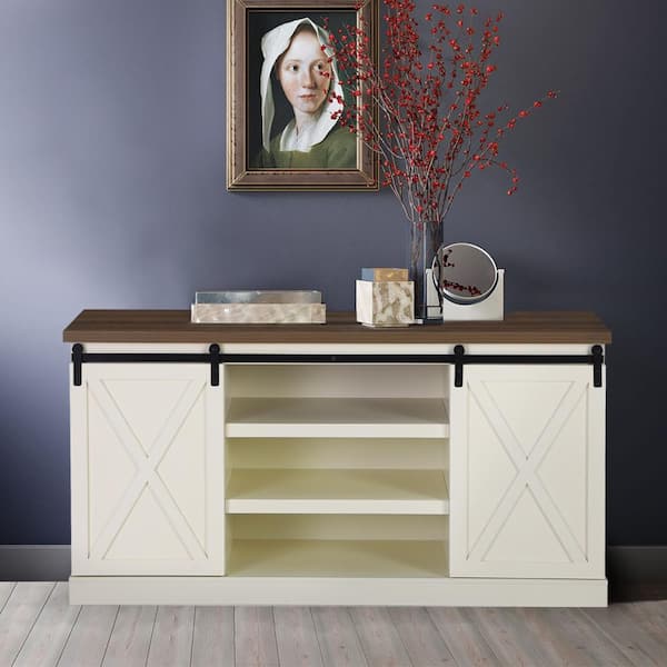 Unbranded 15.75 in. Ivory White MDF Modern Buffet Sideboard With Sliding Double Barn Door and Oak Color Table Top