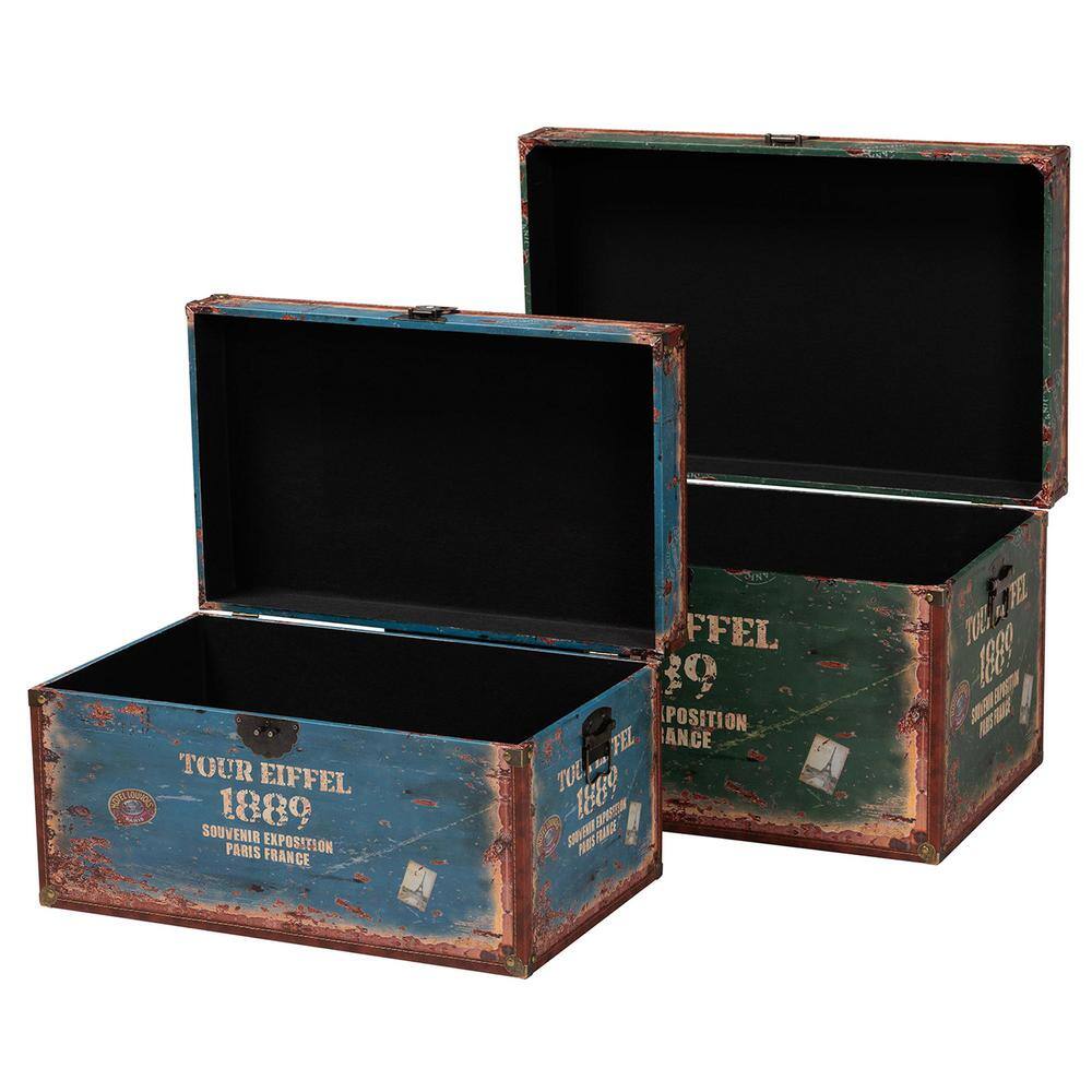Baxton Studio 2pc Sabeen Faux Leather and Wood Storage Trunk Set Green/Blue