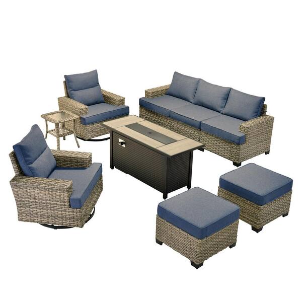 Torino Gray 9-Piece Wicker Outdoor Patio Conversation Deep Sofa Seating Set with Metal Fire Pit and Denim Blue Cushions