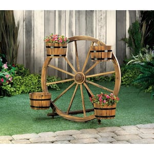 Wood Wagon Wheel Barrel Planter Display