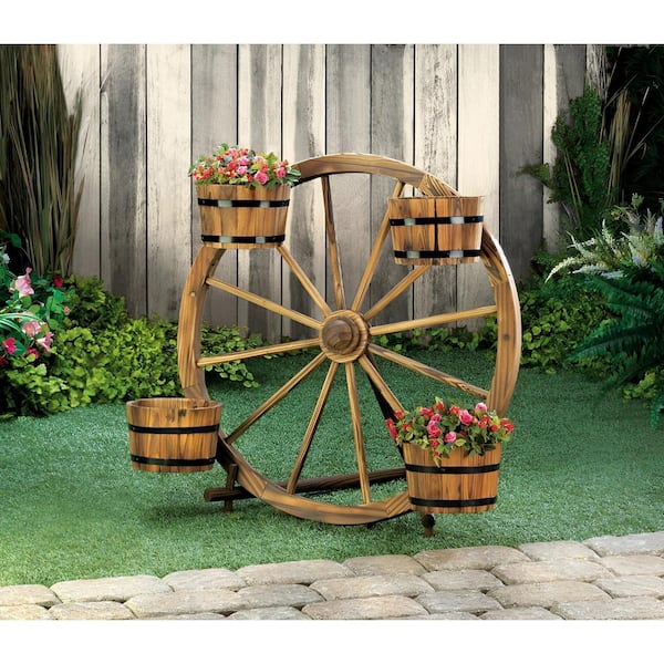 AUTMOON Wood Wagon Wheel Barrel Planter Display