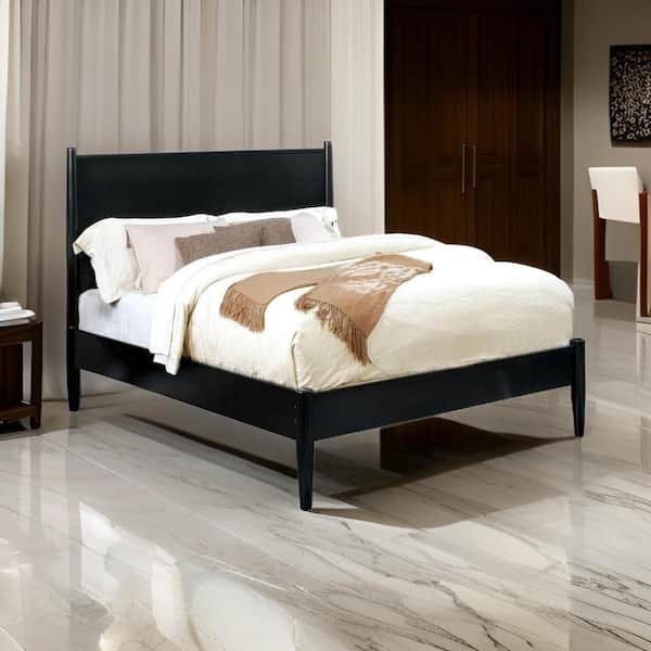 Black Wooden Eastern Frame King Size Panel Bed with Panel Headboard