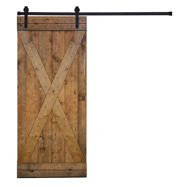 X-Bar Serie 38 in. x 84 in. Briar smoke Knotty Pine Wood DIY Sliding Barn Door with Hardware Kit