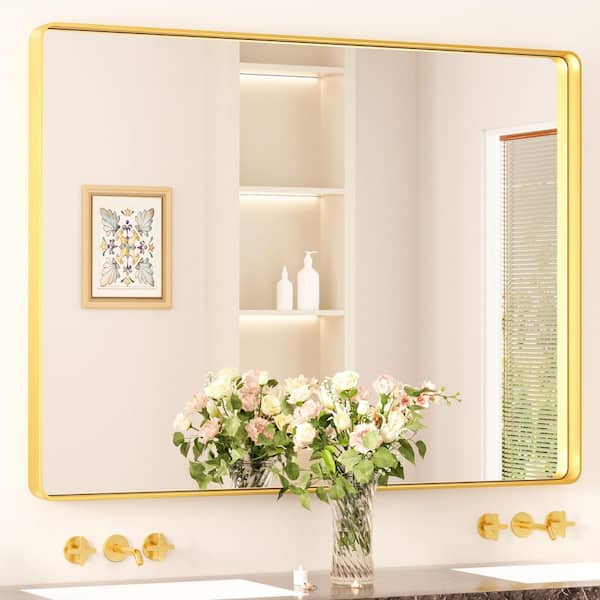 48 in. W. x 36 in. H Modern Rectangular Aluminum Framed Wall Bathroom Vanity Mirror in Brush Gold Bathroom Mirrors
